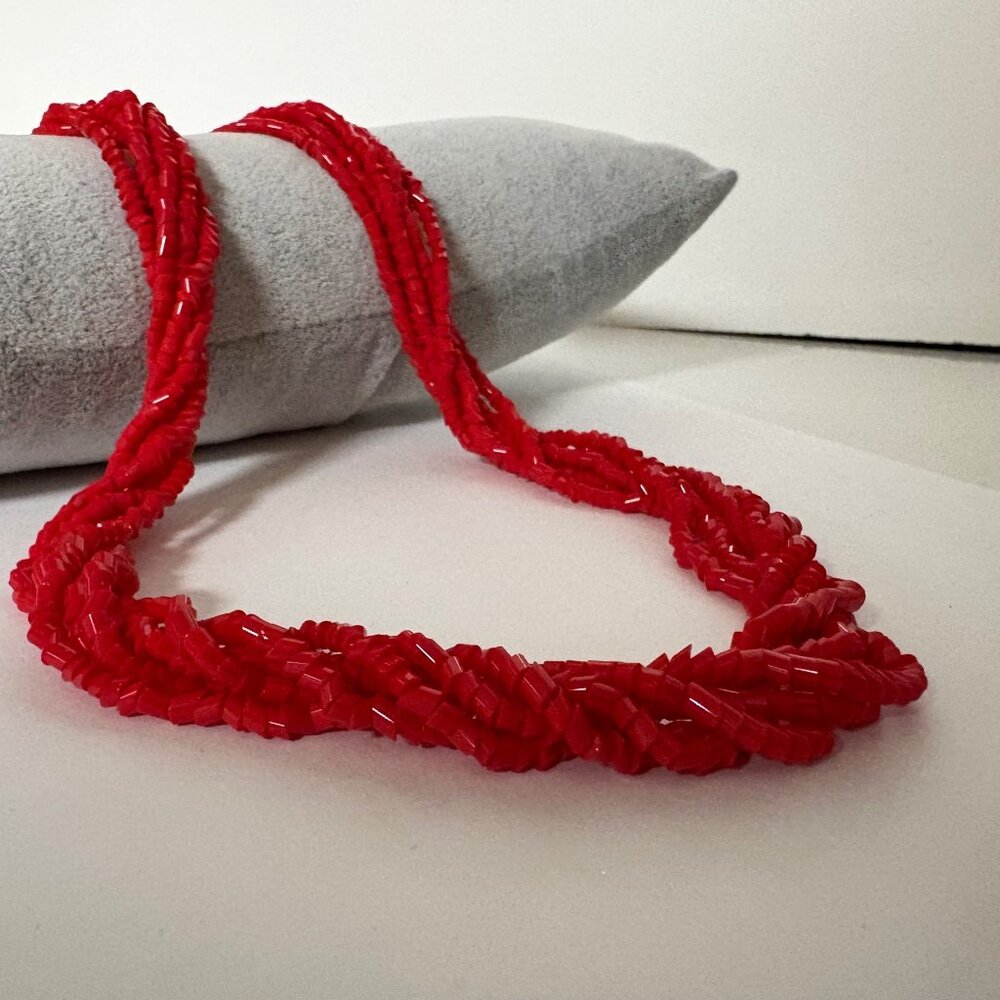 Vintage Red Bohemian Glass Bead Necklace Multi Strand Statement Jewelry